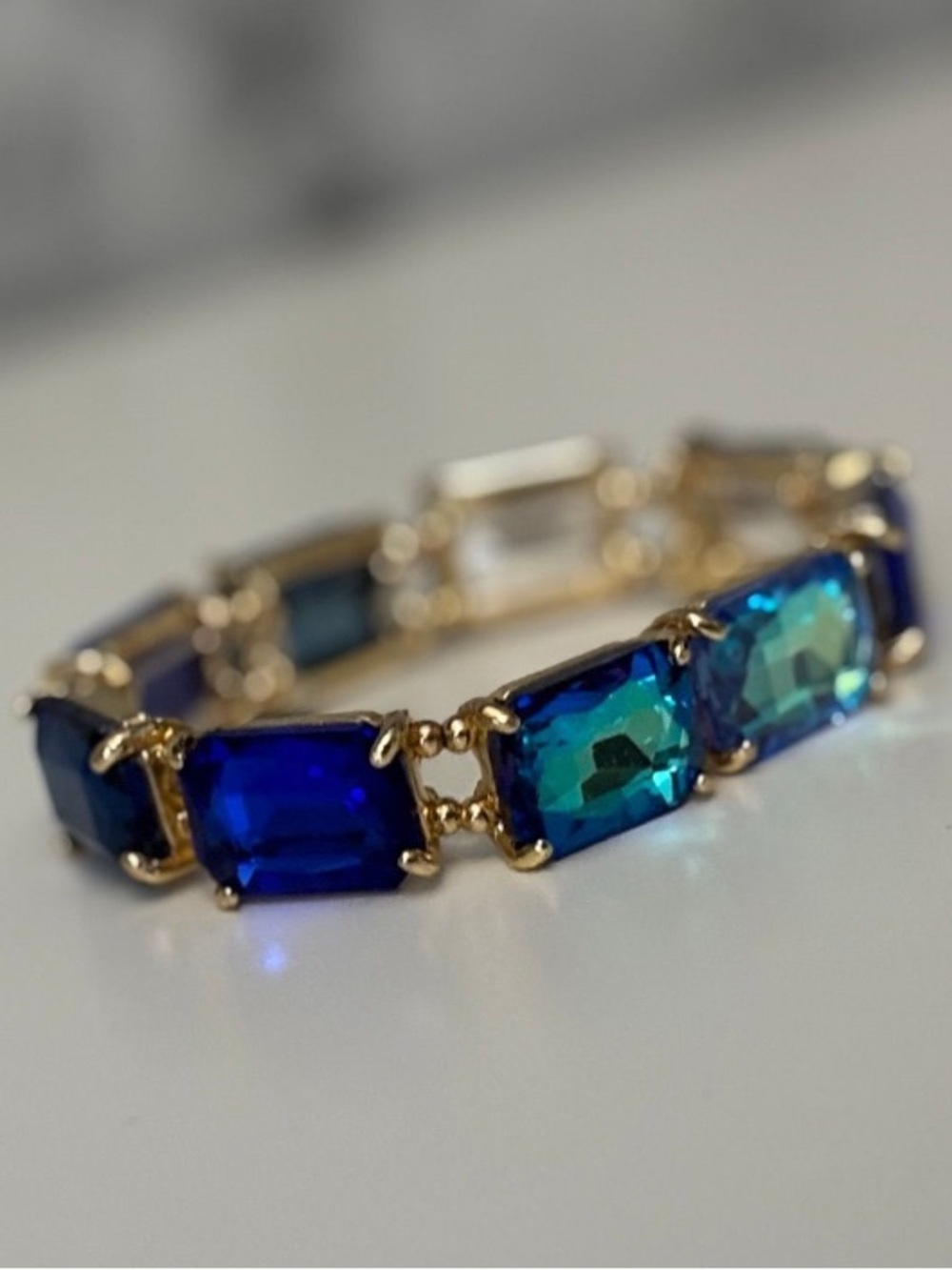 Blue Multi Color Rectangular Stretch Glass Cut Bracelet - Picture 4 of 4